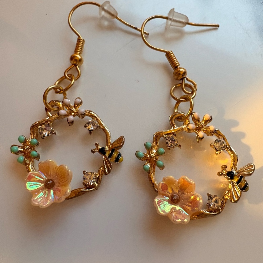 Gold Floral and Bee Drop Earrings